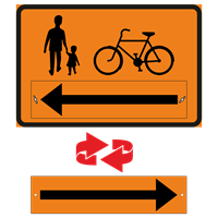 Vägmärke J2 orange 3F S8+S10 ställbar pil 600x400mm plast