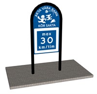 Skyltbåge 450mm med 1-sid Vägmärke "Akta våra barn" & E11